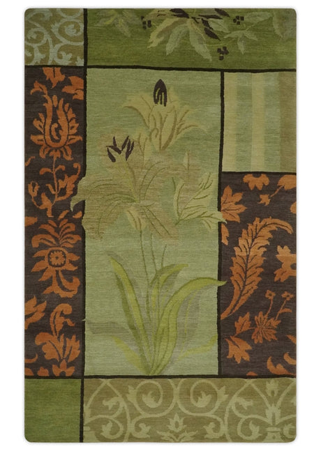Traditional Floral Block Design Green, Brown and Rust Hand knotted 5x8 Indoor wool Area Rug