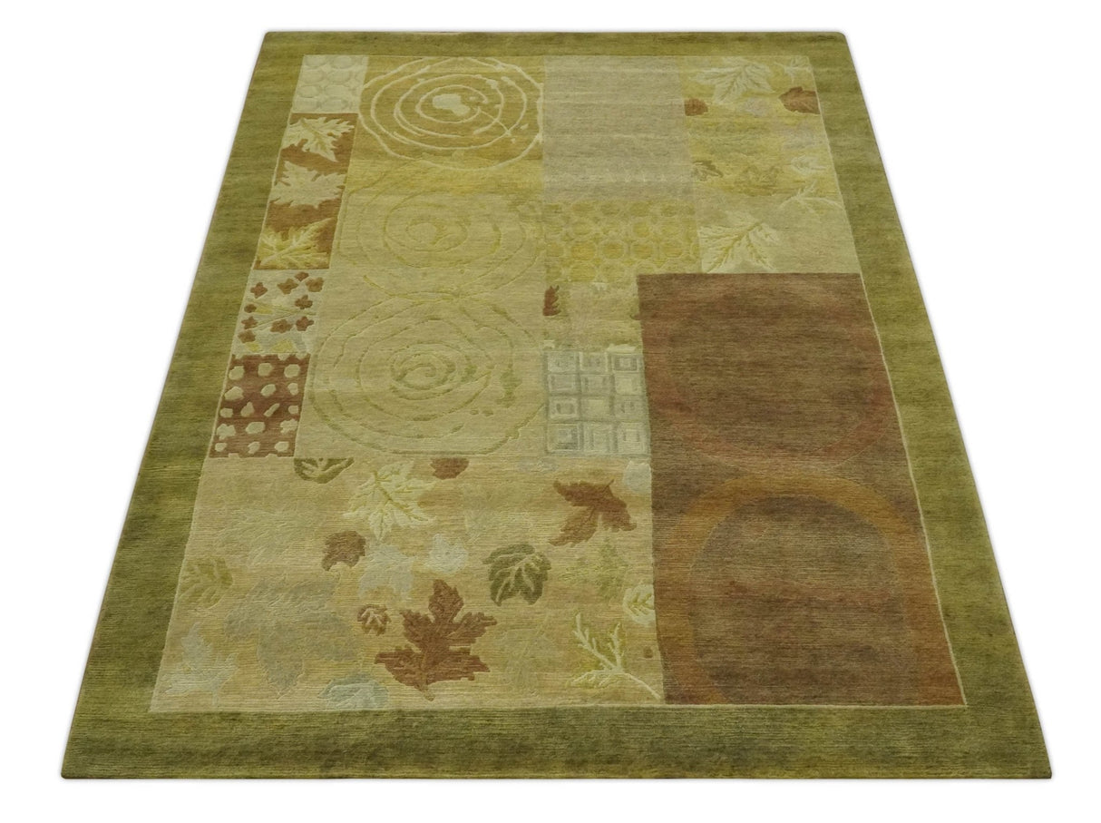 Traditional Floral Block Design Olive, Green and Brown Hand knotted 6x8 wool Area Rug
