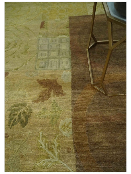 Traditional Floral Block Design Olive, Green and Brown Hand knotted 6x8 wool Area Rug