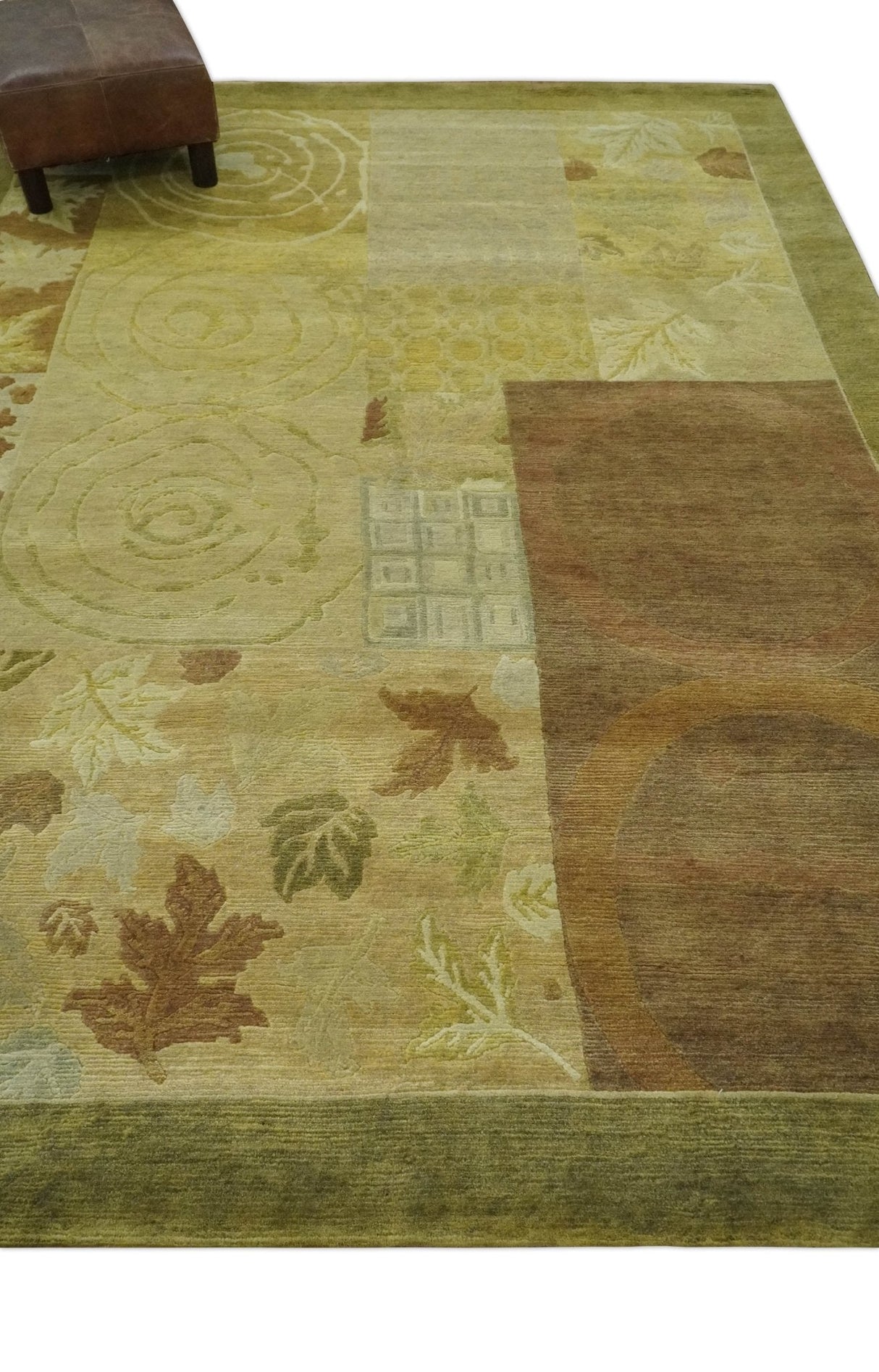 Traditional Floral Block Design Olive, Green and Brown Hand knotted 6x8 wool Area Rug