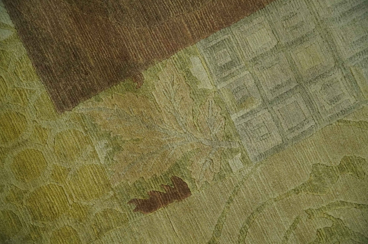Traditional Floral Block Design Olive, Green and Brown Hand knotted 6x8 wool Area Rug