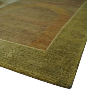 Traditional Floral Block Design Olive, Green and Brown Hand knotted 6x8 wool Area Rug
