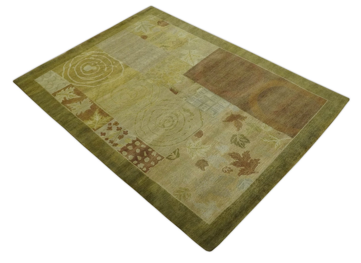 Traditional Floral Block Design Olive, Green and Brown Hand knotted 6x8 wool Area Rug