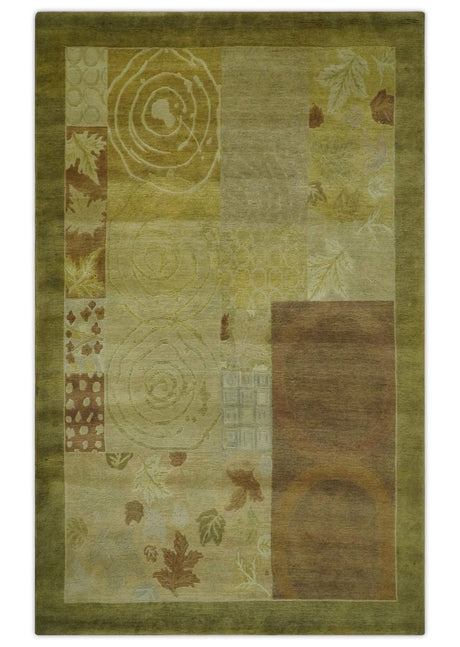 Traditional Floral Block Design Olive, Green and Brown Hand knotted 6x8 wool Area Rug