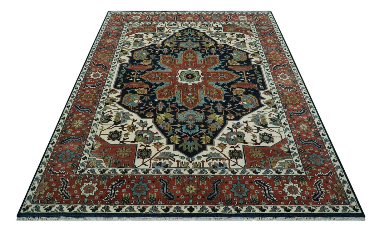 Traditional Floral Blue, Ivory and Rust Hand Knotted 9x12 wool area rug