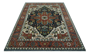 Traditional Floral Blue, Ivory and Rust Hand Knotted 9x12 wool area rug