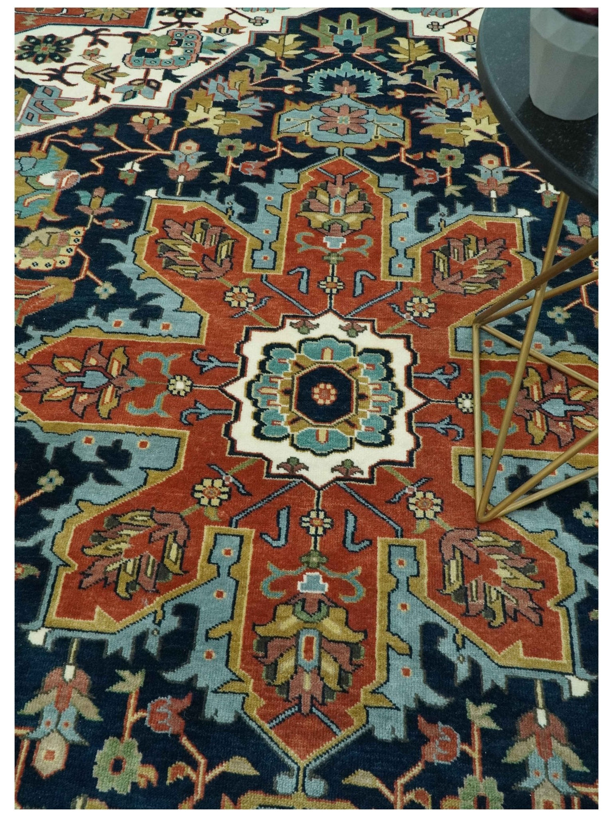 Traditional Floral Blue, Ivory and Rust Hand Knotted 9x12 wool area rug