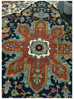 Traditional Floral Blue, Ivory and Rust Hand Knotted 9x12 wool area rug