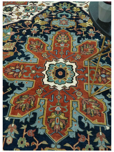 Traditional Floral Blue, Ivory and Rust Hand Knotted 9x12 wool area rug
