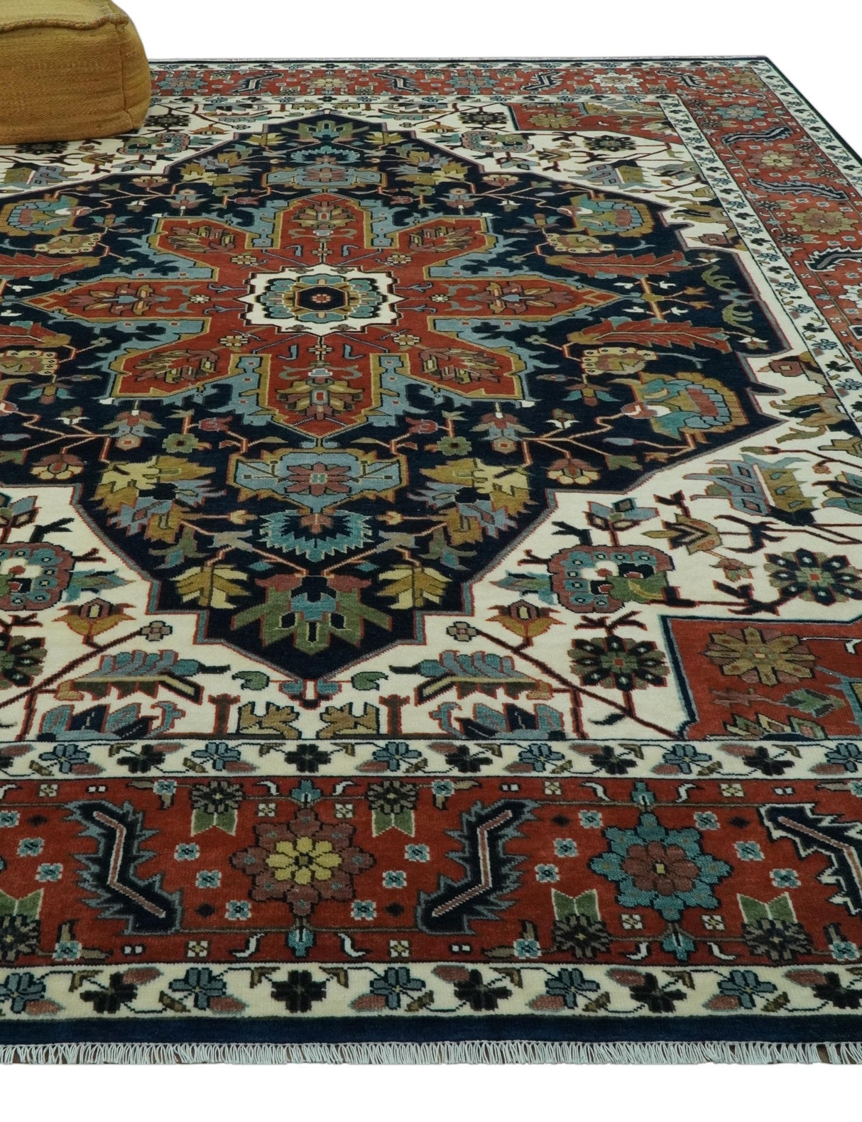 Traditional Floral Blue, Ivory and Rust Hand Knotted 9x12 wool area rug