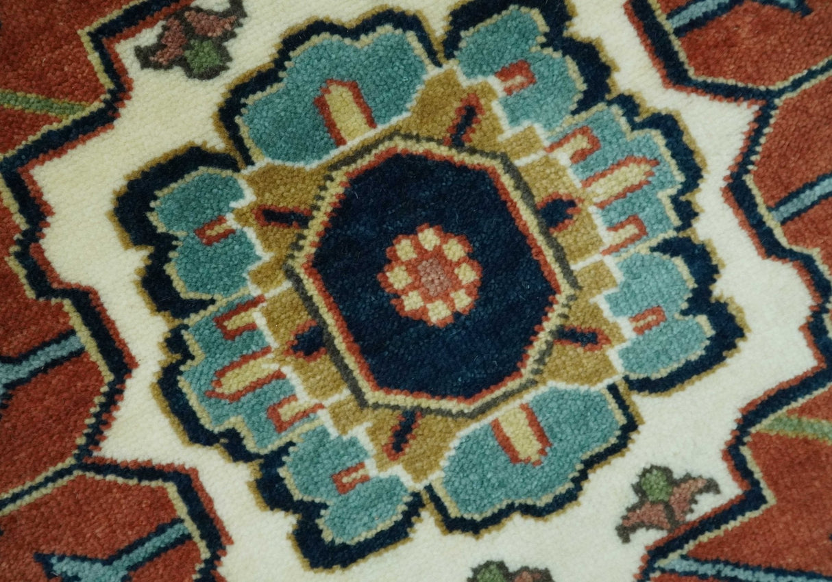 Traditional Floral Blue, Ivory and Rust Hand Knotted 9x12 wool area rug