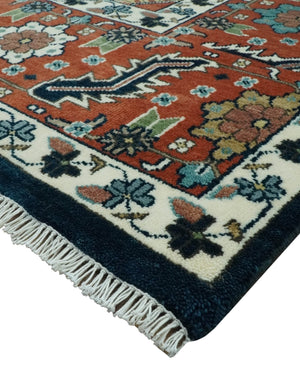Traditional Floral Blue, Ivory and Rust Hand Knotted 9x12 wool area rug