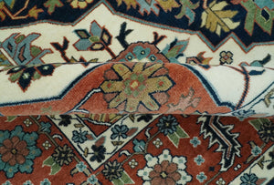 Traditional Floral Blue, Ivory and Rust Hand Knotted 9x12 wool area rug