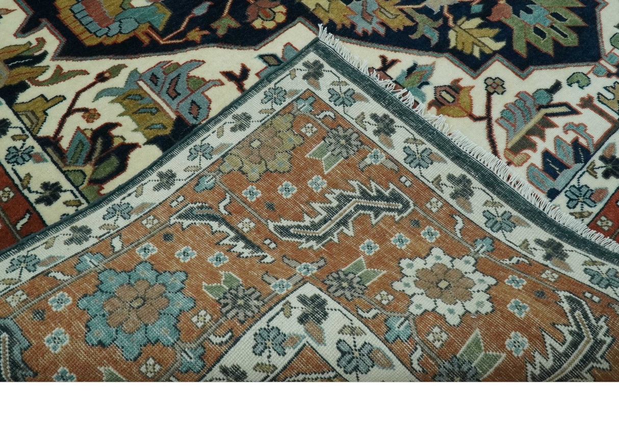Traditional Floral Blue, Ivory and Rust Hand Knotted 9x12 wool area rug