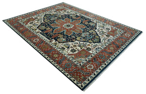 Traditional Floral Blue, Ivory and Rust Hand Knotted 9x12 wool area rug