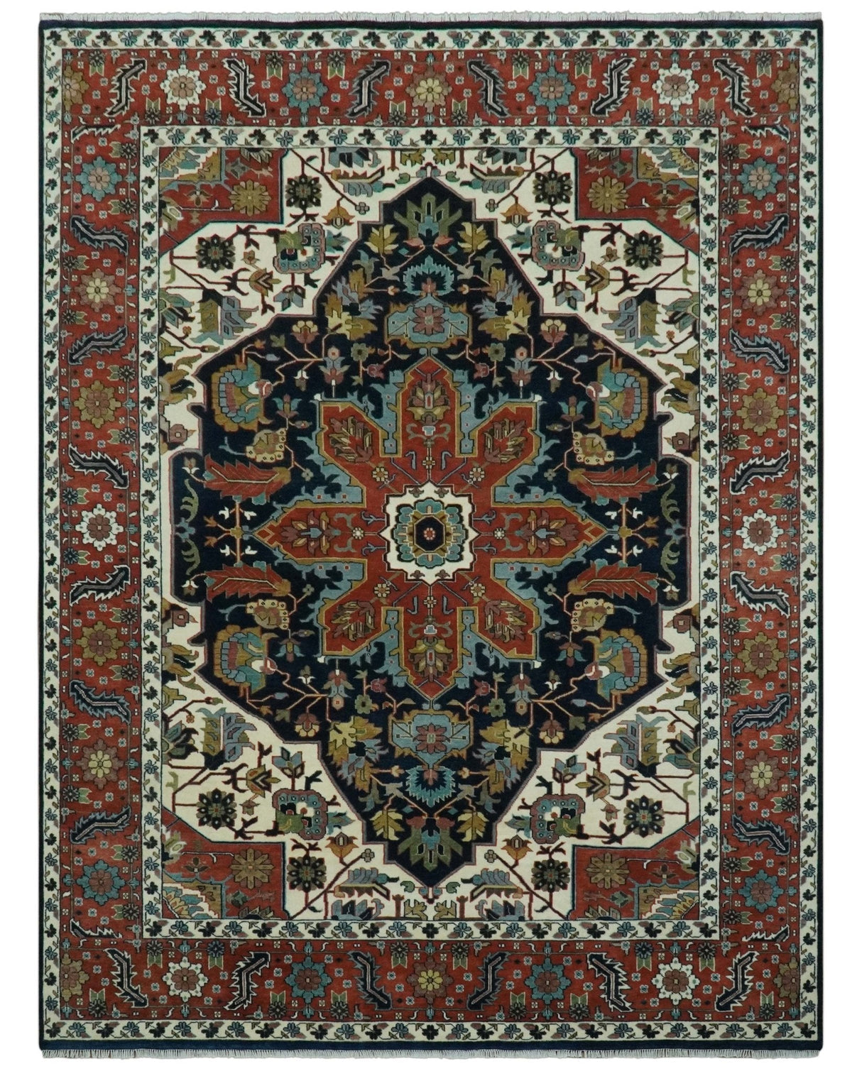 Traditional Floral Blue, Ivory and Rust Hand Knotted 9x12 wool area rug