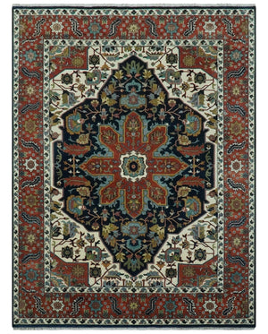 Traditional Floral Blue, Ivory and Rust Hand Knotted 9x12 wool area rug