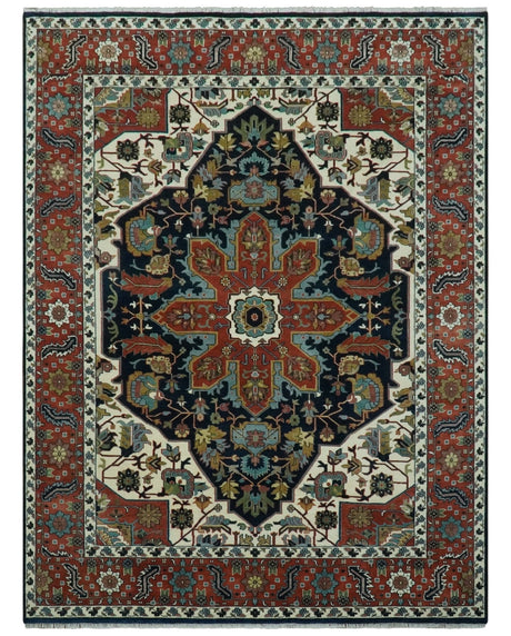 Traditional Floral Blue, Ivory and Rust Hand Knotted 9x12 wool area rug