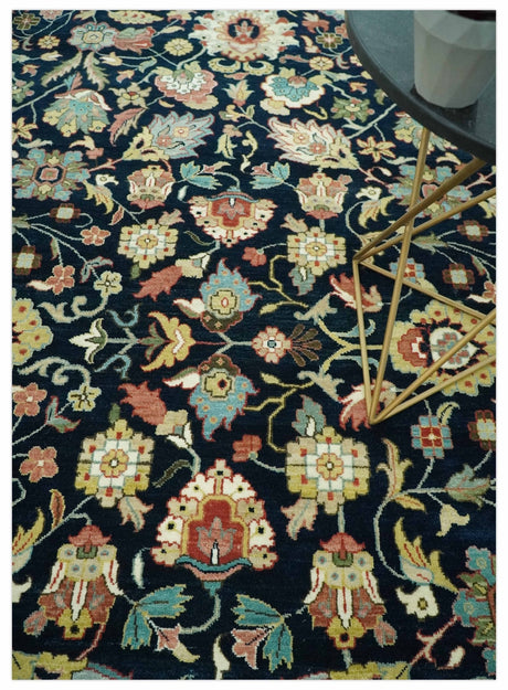 Traditional Floral Blue and Ivory Fine Hand Knotted 9x12 wool area rug