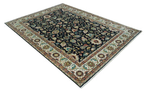 Traditional Floral Blue and Ivory Fine Hand Knotted 9x12 wool area rug