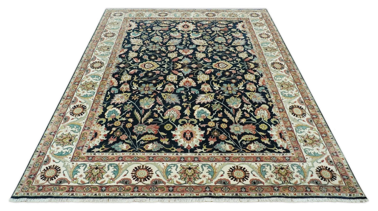 Traditional Floral Blue and Ivory Fine Hand Knotted 9x12 wool area rug