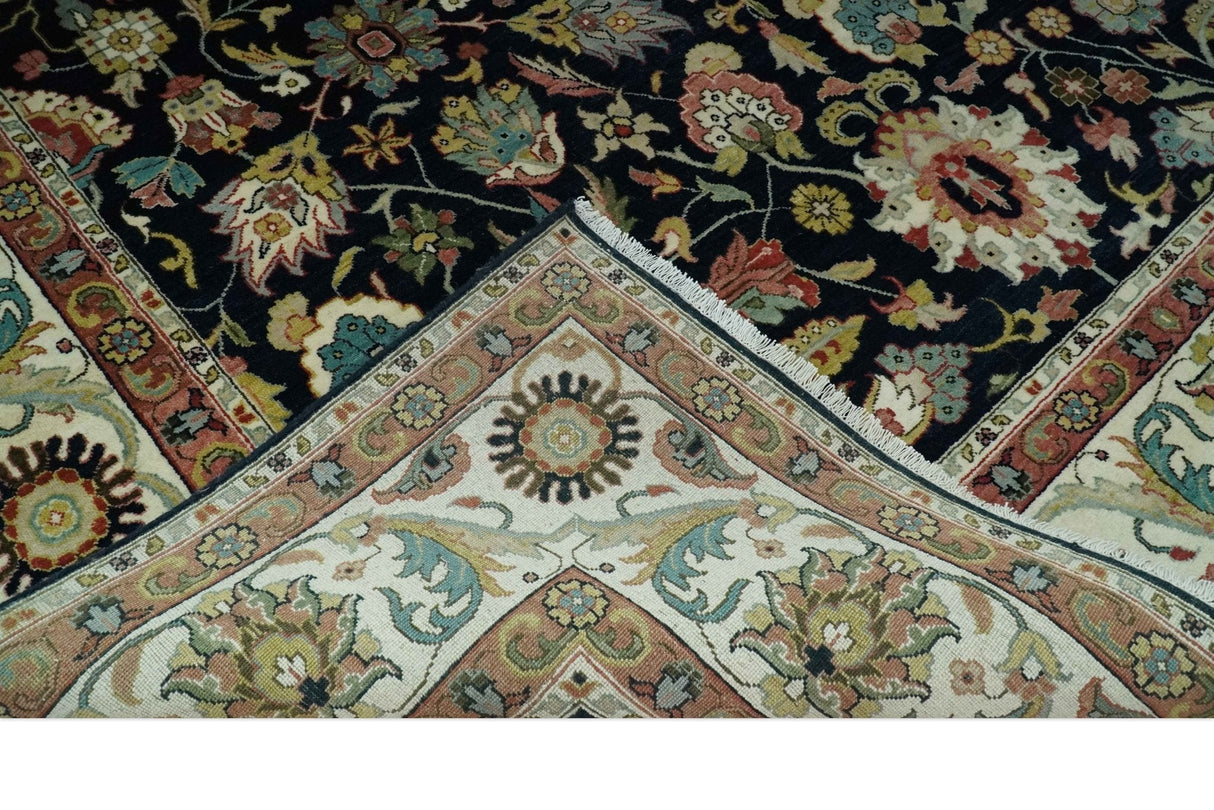 Traditional Floral Blue and Ivory Fine Hand Knotted 9x12 wool area rug