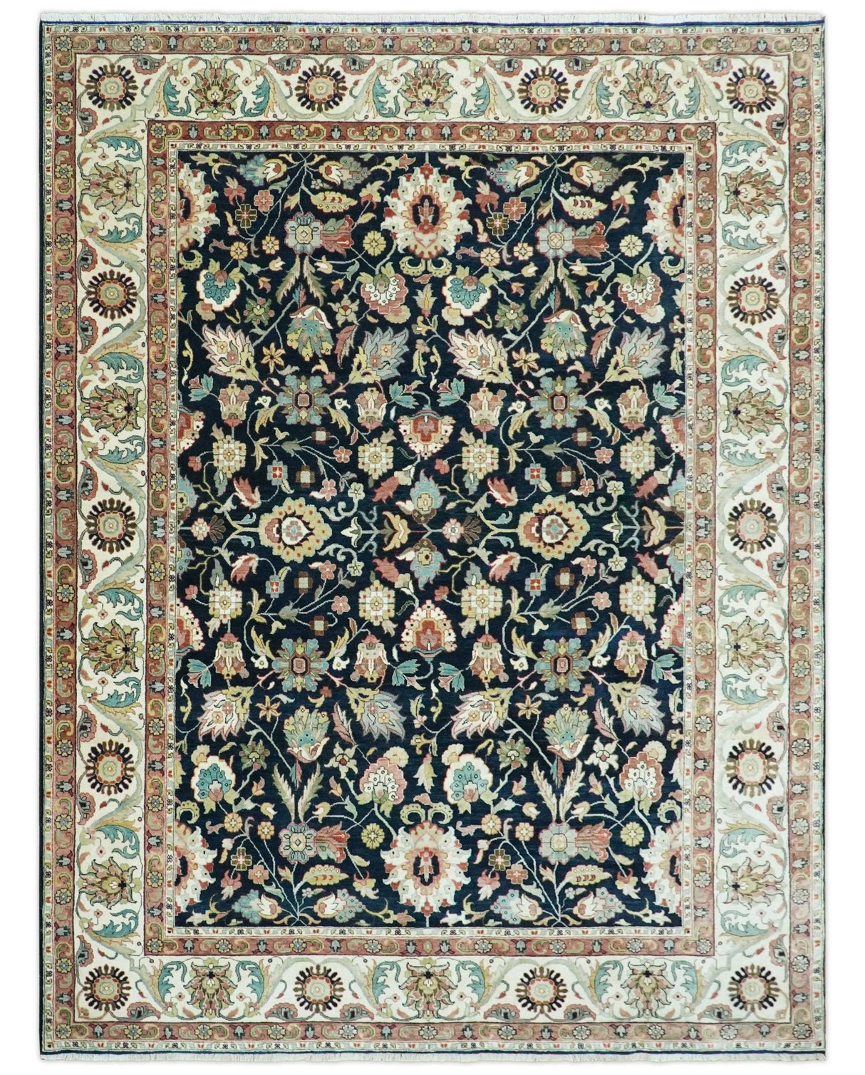 Traditional Floral Blue and Ivory Fine Hand Knotted 9x12 wool area rug
