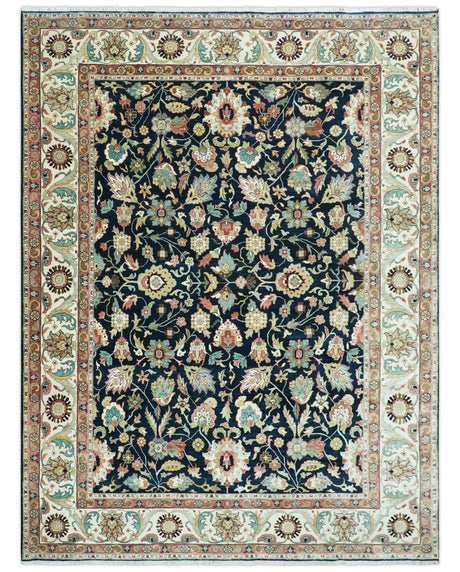 Traditional Floral Blue and Ivory Fine Hand Knotted 9x12 wool area rug