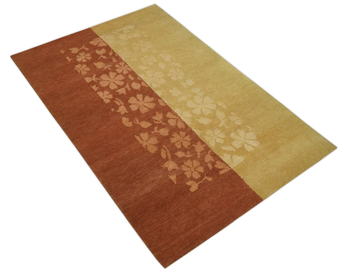 Traditional Floral Brown and Gold Hand knotted 4x6 wool Area Rug