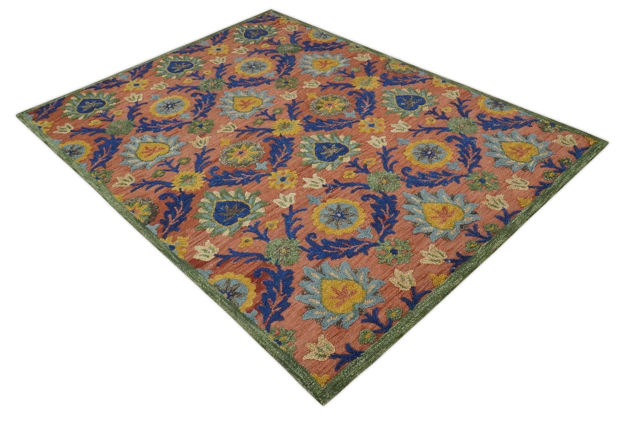 Traditional Floral Colorful dark Peach, Blue and Green 6x6 Round, 8x10 and 2.6x8 Hand Tufted wool Area Rug