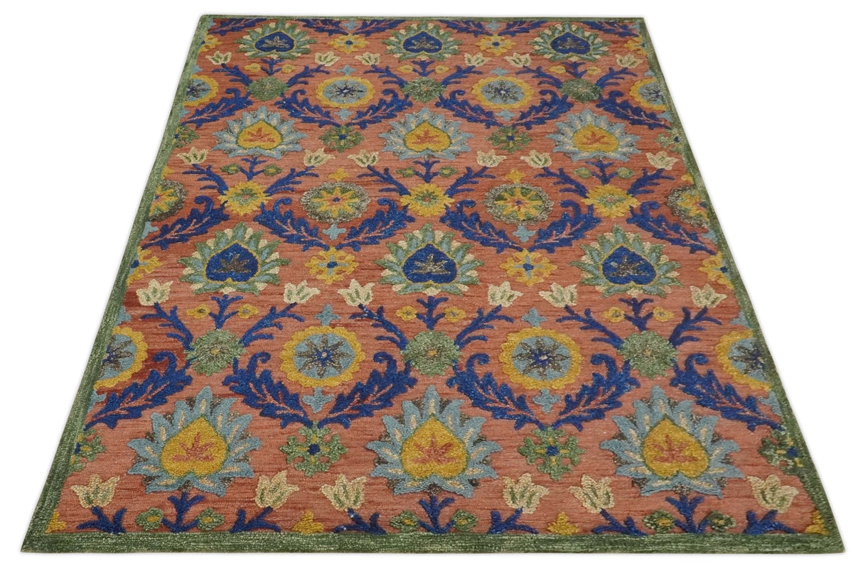 Traditional Floral Colorful dark Peach, Blue and Green 6x6 Round, 8x10 and 2.6x8 Hand Tufted wool Area Rug