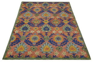 Traditional Floral Colorful dark Peach, Blue and Green 6x6 Round, 8x10 and 2.6x8 Hand Tufted wool Area Rug