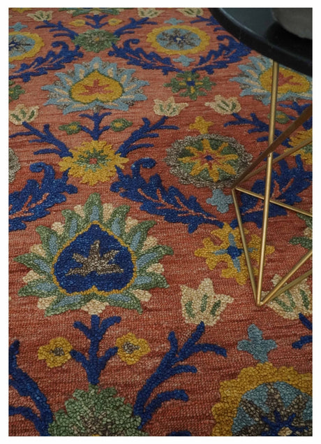 Traditional Floral Colorful dark Peach, Blue and Green 6x6 Round, 8x10 and 2.6x8 Hand Tufted wool Area Rug