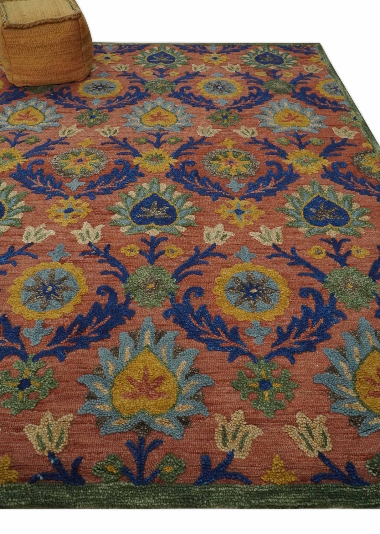 Traditional Floral Colorful dark Peach, Blue and Green 6x6 Round, 8x10 and 2.6x8 Hand Tufted wool Area Rug