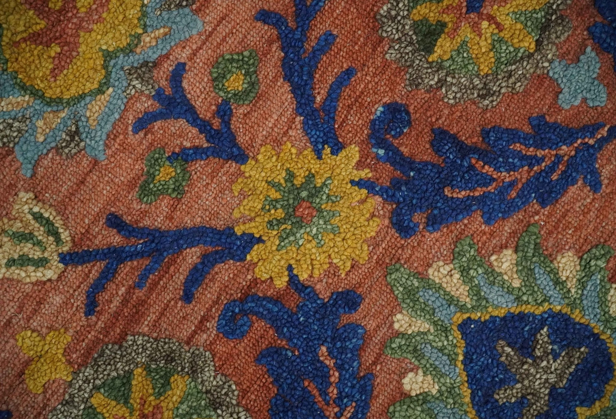 Traditional Floral Colorful dark Peach, Blue and Green 6x6 Round, 8x10 and 2.6x8 Hand Tufted wool Area Rug