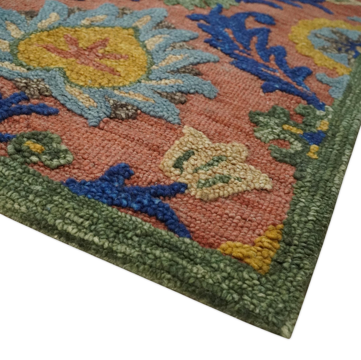 Traditional Floral Colorful dark Peach, Blue and Green 6x6 Round, 8x10 and 2.6x8 Hand Tufted wool Area Rug