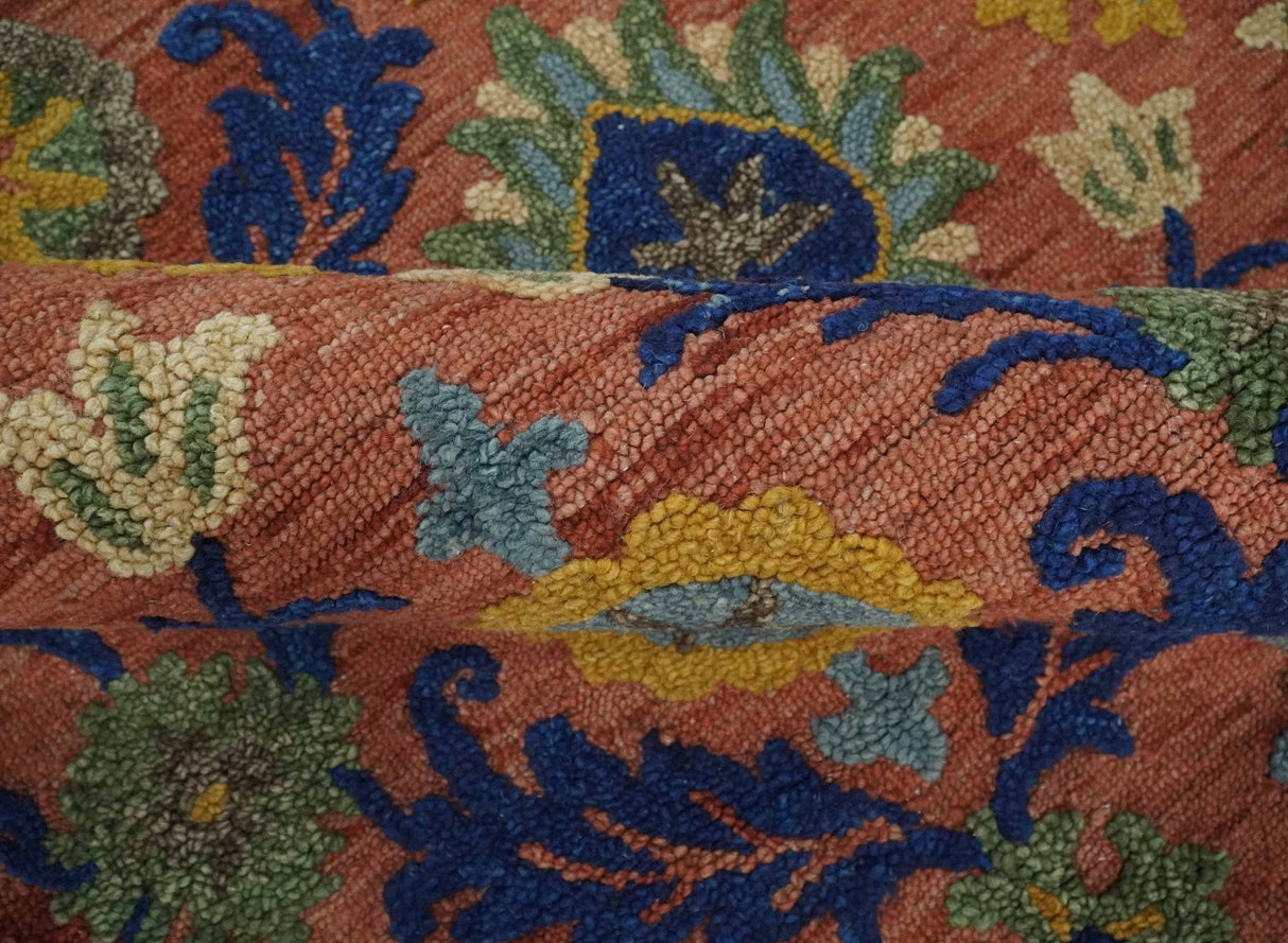Traditional Floral Colorful dark Peach, Blue and Green 6x6 Round, 8x10 and 2.6x8 Hand Tufted wool Area Rug