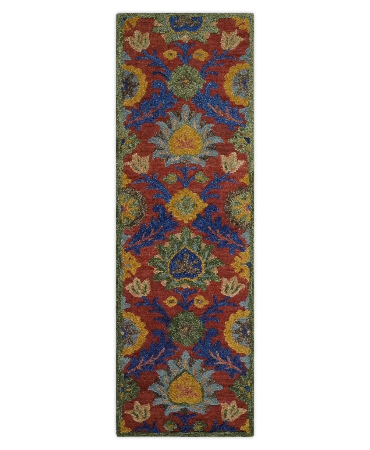 Traditional Floral Colorful dark Peach, Blue and Green 6x6 Round, 8x10 and 2.6x8 Hand Tufted wool Area Rug