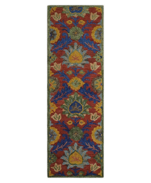 Traditional Floral Colorful dark Peach, Blue and Green 6x6 Round, 8x10 and 2.6x8 Hand Tufted wool Area Rug