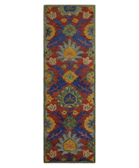 Traditional Floral Colorful dark Peach, Blue and Green 6x6 Round, 8x10 and 2.6x8 Hand Tufted wool Area Rug