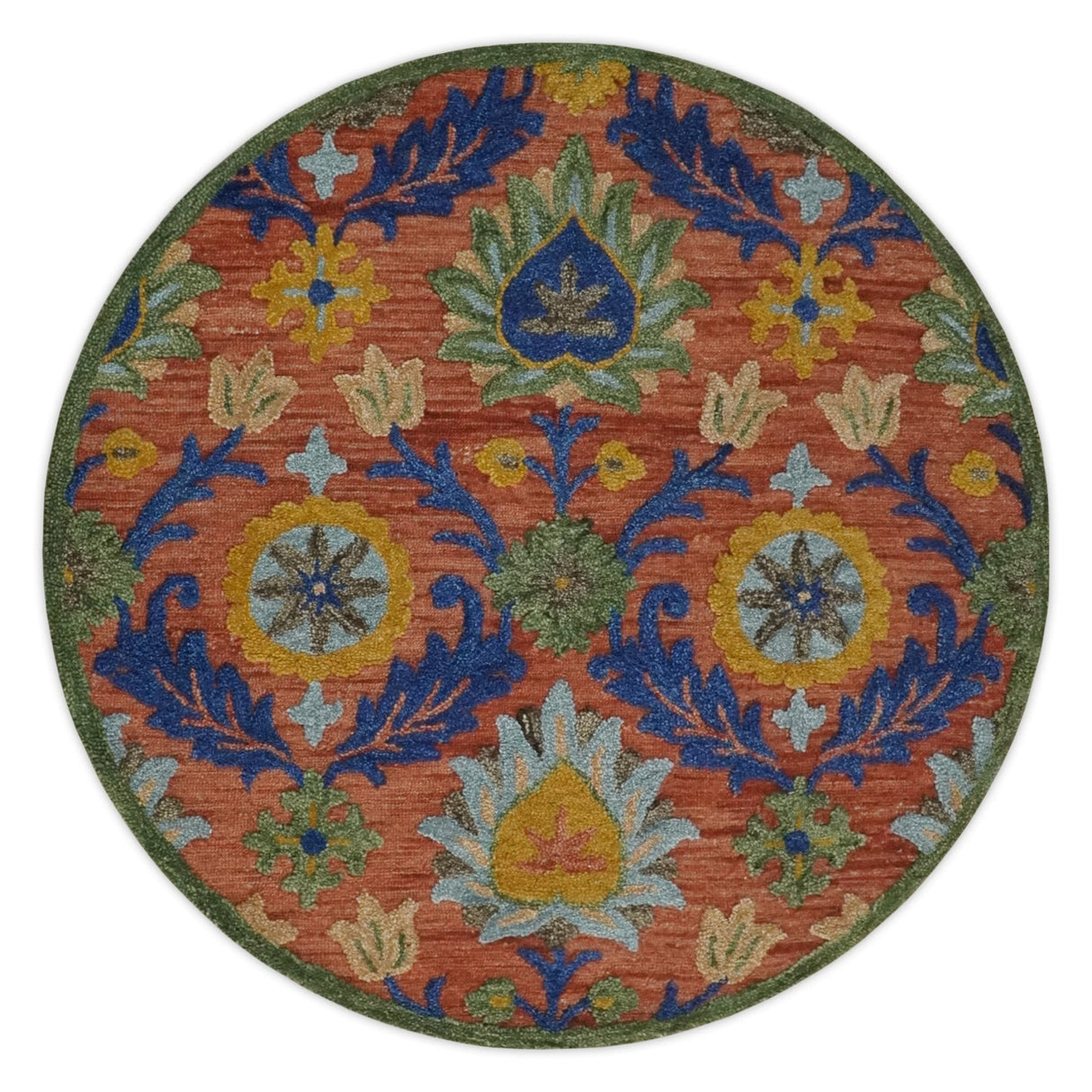 Traditional Floral Colorful dark Peach, Blue and Green 6x6 Round, 8x10 and 2.6x8 Hand Tufted wool Area Rug