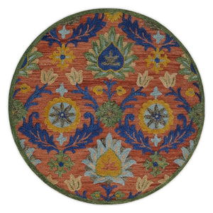 Traditional Floral Colorful dark Peach, Blue and Green 6x6 Round, 8x10 and 2.6x8 Hand Tufted wool Area Rug