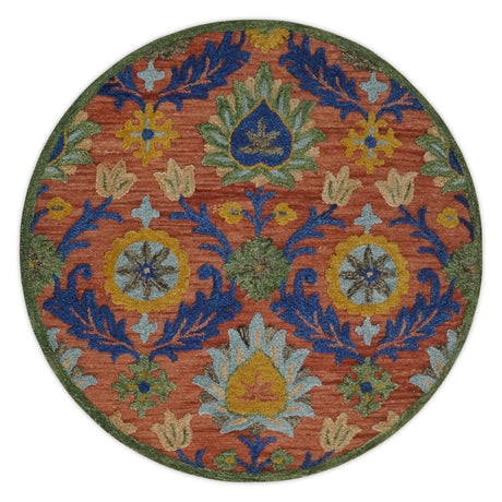 Traditional Floral Colorful dark Peach, Blue and Green 6x6 Round, 8x10 and 2.6x8 Hand Tufted wool Area Rug