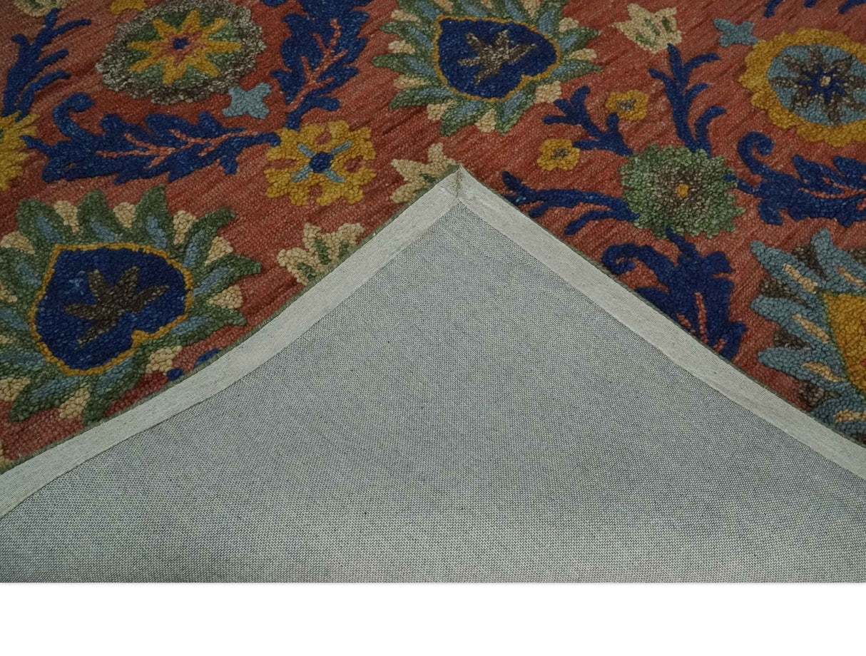 Traditional Floral Colorful dark Peach, Blue and Green 6x6 Round, 8x10 and 2.6x8 Hand Tufted wool Area Rug