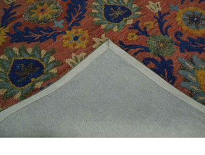 Traditional Floral Colorful dark Peach, Blue and Green 6x6 Round, 8x10 and 2.6x8 Hand Tufted wool Area Rug