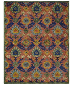 Traditional Floral Colorful dark Peach, Blue and Green 6x6 Round, 8x10 and 2.6x8 Hand Tufted wool Area Rug