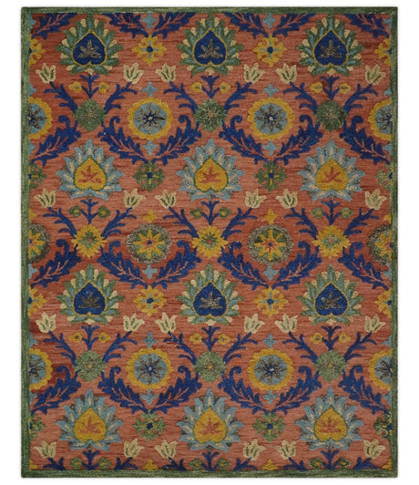 Traditional Floral Colorful dark Peach, Blue and Green 6x6 Round, 8x10 and 2.6x8 Hand Tufted wool Area Rug