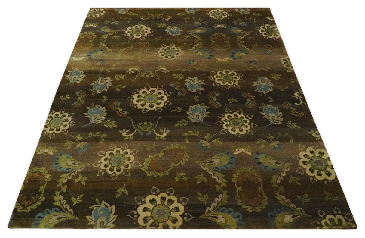 Traditional Floral Green, Beige, Brown and Teal Fine Hand knotted wool Area Rug