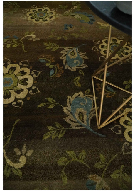 Traditional Floral Green, Beige, Brown and Teal Fine Hand knotted wool Area Rug