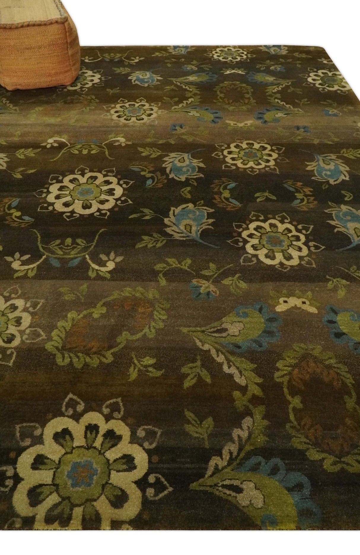 Traditional Floral Green, Beige, Brown and Teal Fine Hand knotted wool Area Rug